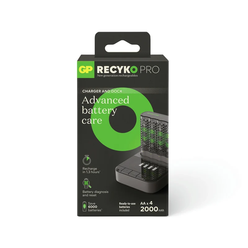 GP NiMH - Recyko - Fast Charger Dock USB AA | HR6 - Multipack - 4 Pièces + Chargeur + USB Câble - 1.2 V - 2100 mAh - Rechargeable Batterie
