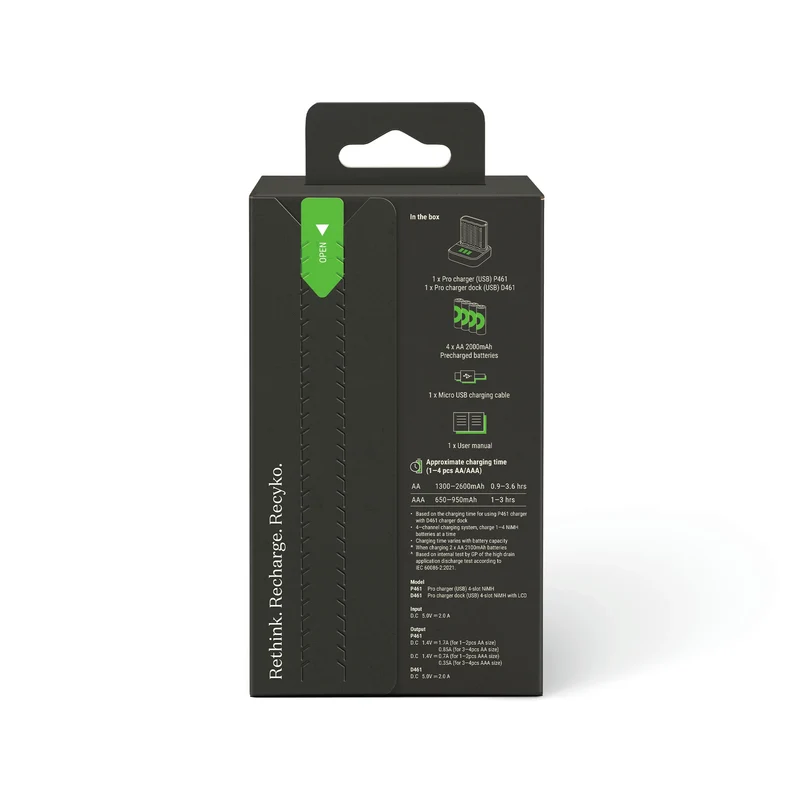 GP NiMH - Recyko - Fast Charger Dock USB AA | HR6 - Multipack - 4 Pièces + Chargeur + USB Câble - 1.2 V - 2100 mAh - Rechargeable Batterie