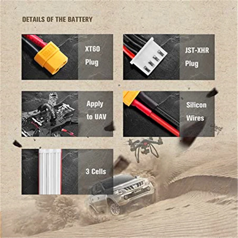 2 packs 11.1V 1500mAh Lipo battery with XT60 connector for RC Car, Vortex, Airplane Helicopter Drone and FPV