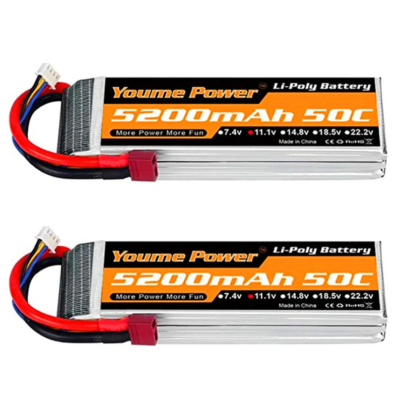 2 packs 11.1V 5200 mAh Lipo battery with Deans T connector for RC car / truck, boat, drone, buggy, truggy
