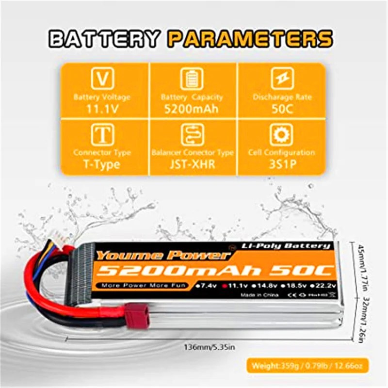 2 packs 11.1V 5200 mAh Lipo battery with Deans T connector for RC car / truck, boat, drone, buggy, truggy