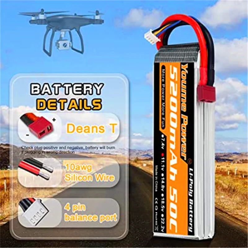 2 packs 11.1V 5200 mAh Lipo battery with Deans T connector for RC car / truck, boat, drone, buggy, truggy