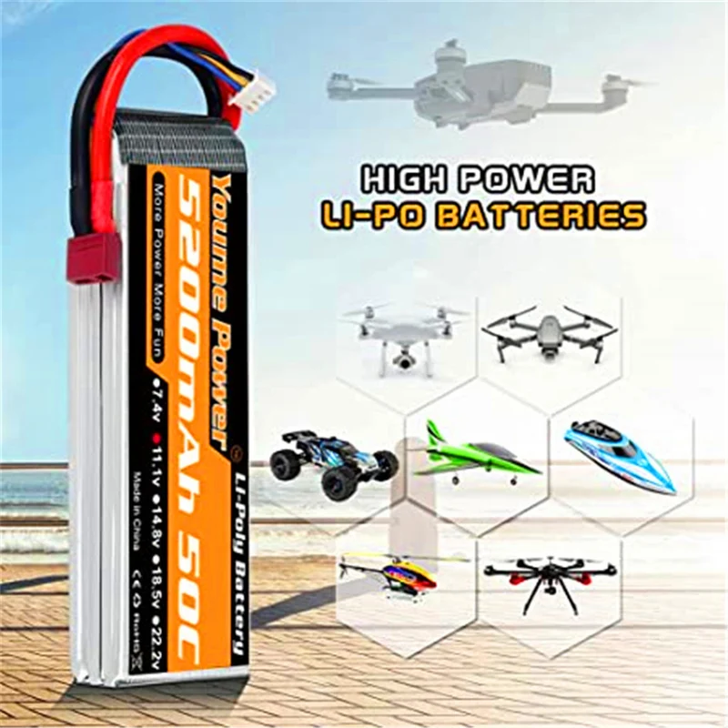 2 packs 11.1V 5200 mAh Lipo battery with Deans T connector for RC car / truck, boat, drone, buggy, truggy