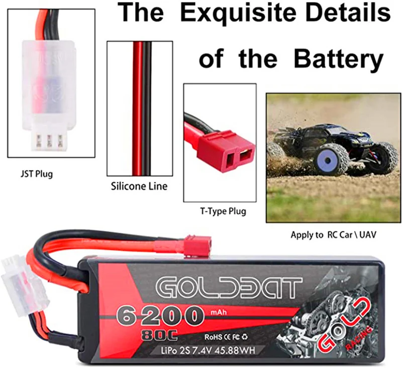 2 Packs 6200 mAh 7.4V Lipo battery with Female T-Connector for RC Car Airplane Helicopter