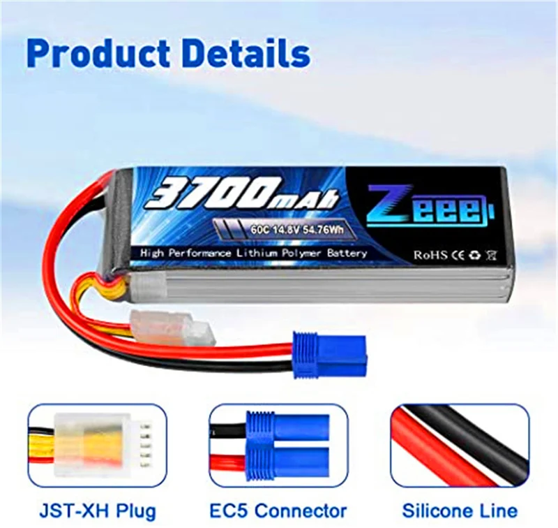 2 packs 14.8V 3700mAh 60C RC lipo batteries with EC5 connector for Helicopter ，RC boat ，RC car