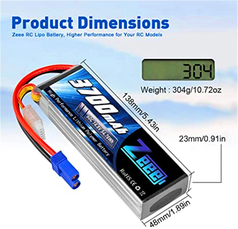 2 packs 14.8V 3700mAh 60C RC lipo batteries with EC5 connector for Helicopter ，RC boat ，RC car