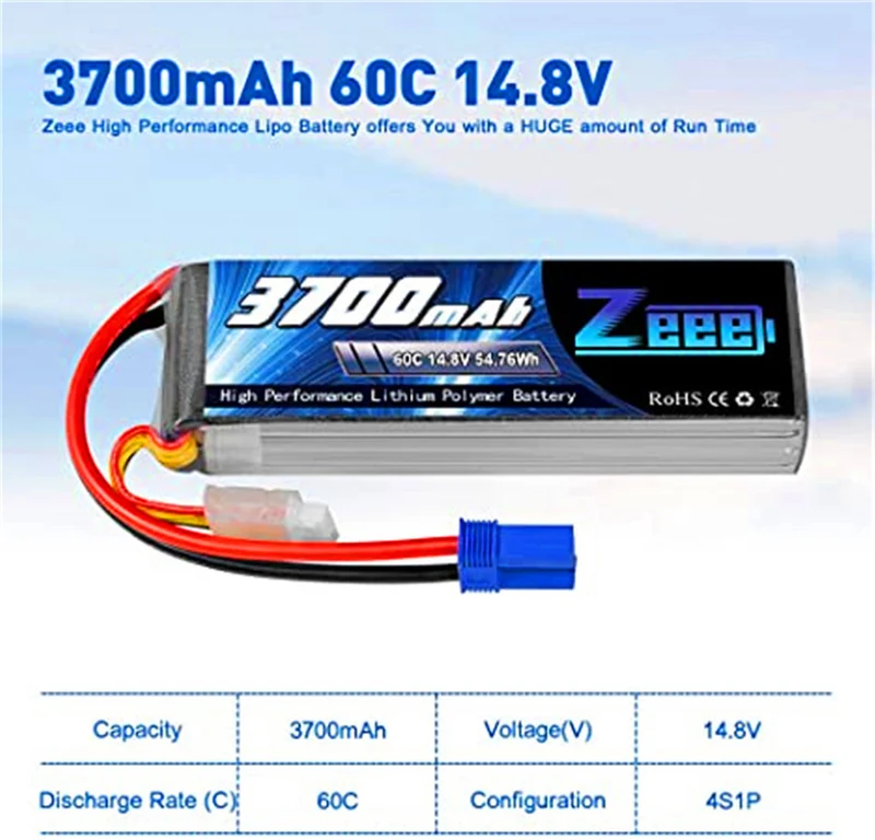 2 packs 14.8V 3700mAh 60C RC lipo batteries with EC5 connector for Helicopter ，RC boat ，RC car