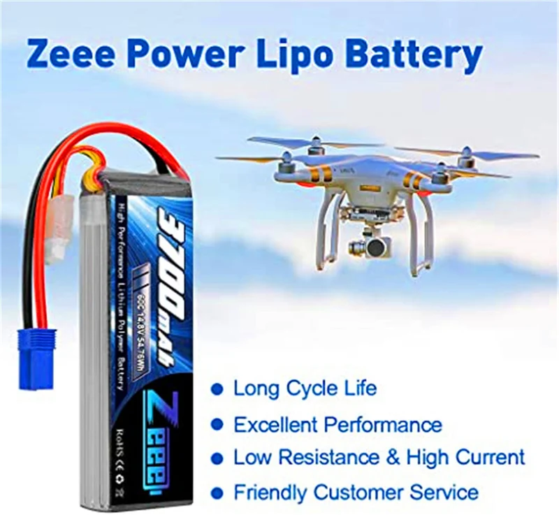 2 packs 14.8V 3700mAh 60C RC lipo batteries with EC5 connector for Helicopter ，RC boat ，RC car