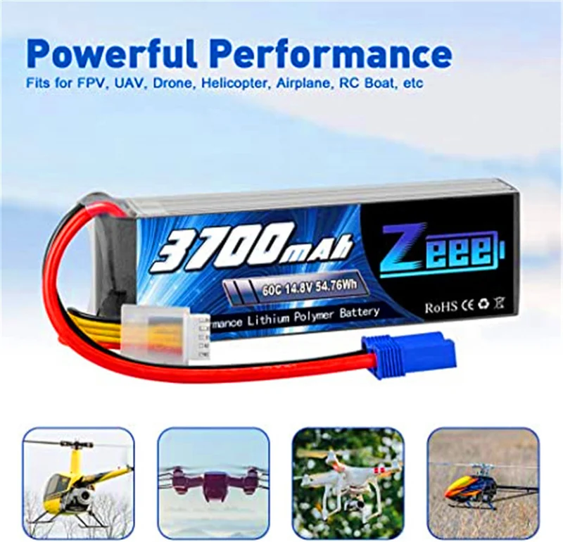 2 packs 14.8V 3700mAh 60C RC lipo batteries with EC5 connector for Helicopter ，RC boat ，RC car