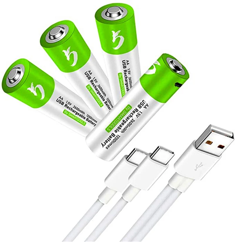 4 pieces of rechargeable USB AA lithium-ion battery, high capacity, 1.5 V, 2600 mWh, 1.5 h fast charge, more constant