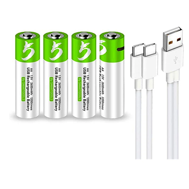 4 pieces of rechargeable USB AA lithium-ion battery, high capacity, 1.5 V, 2600 mWh, 1.5 h fast charge, more constant