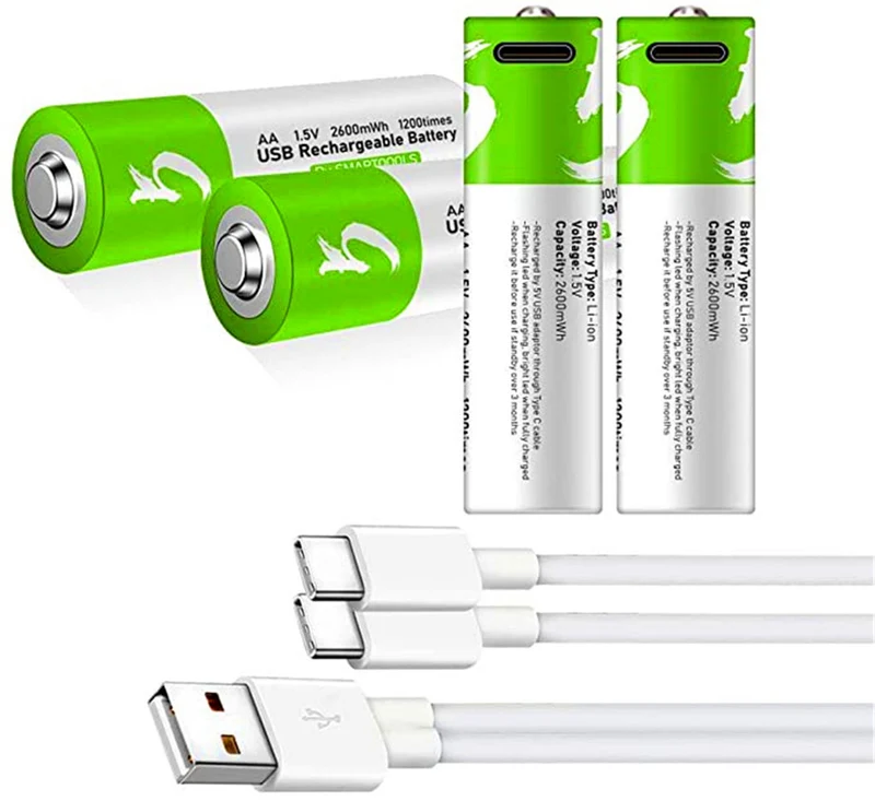 4 pieces of rechargeable USB AA lithium-ion battery, high capacity, 1.5 V, 2600 mWh, 1.5 h fast charge, more constant