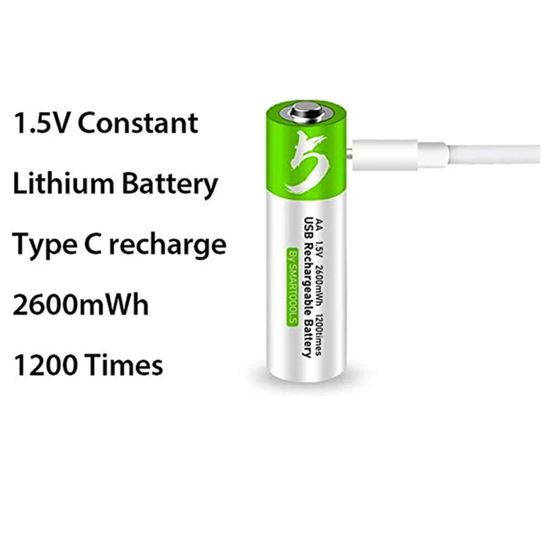 4 pieces of rechargeable USB AA lithium-ion battery, high capacity, 1.5 V, 2600 mWh, 1.5 h fast charge, more constant