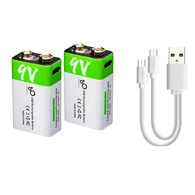 2 pieces of rechargeable USB 9 V lithium-ion battery, high capacity, 650 mAh, rechargeable 9 V battery, 1.5 H fast charge
