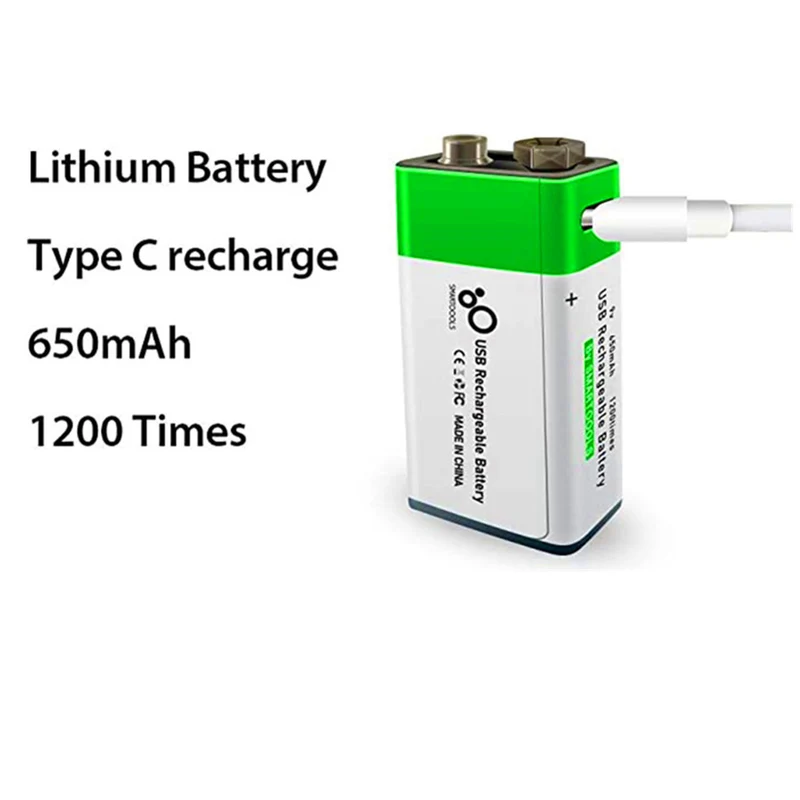 2 pieces of rechargeable USB 9 V lithium-ion battery, high capacity, 650 mAh, rechargeable 9 V battery, 1.5 H fast charge
