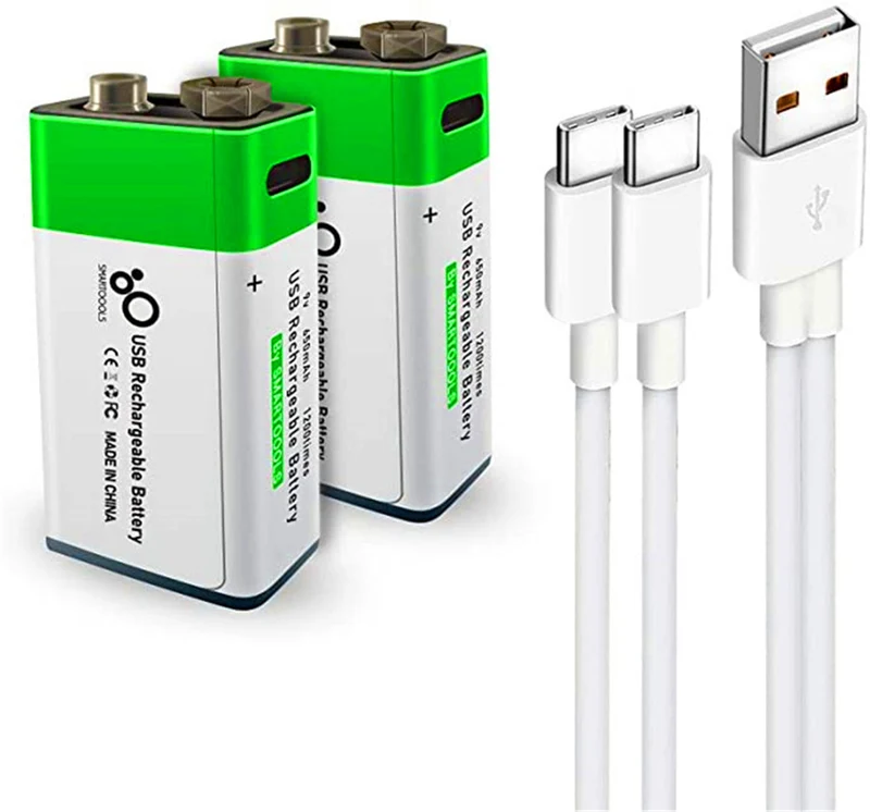 2 pieces of rechargeable USB 9 V lithium-ion battery, high capacity, 650 mAh, rechargeable 9 V battery, 1.5 H fast charge