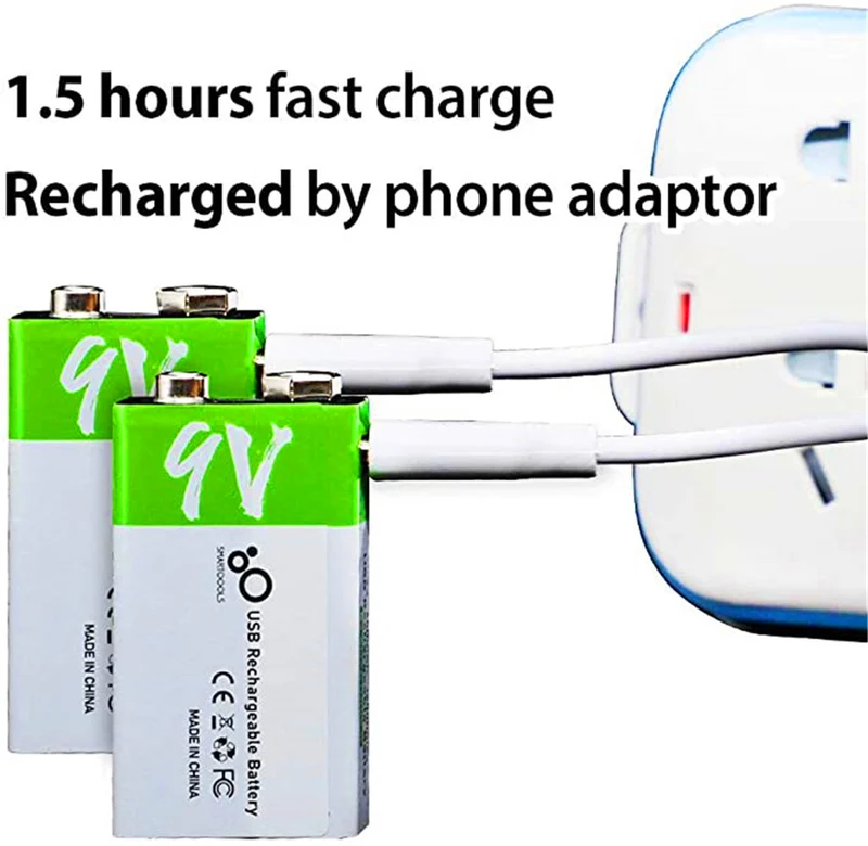 2 pieces of rechargeable USB 9 V lithium-ion battery, high capacity, 650 mAh, rechargeable 9 V battery, 1.5 H fast charge