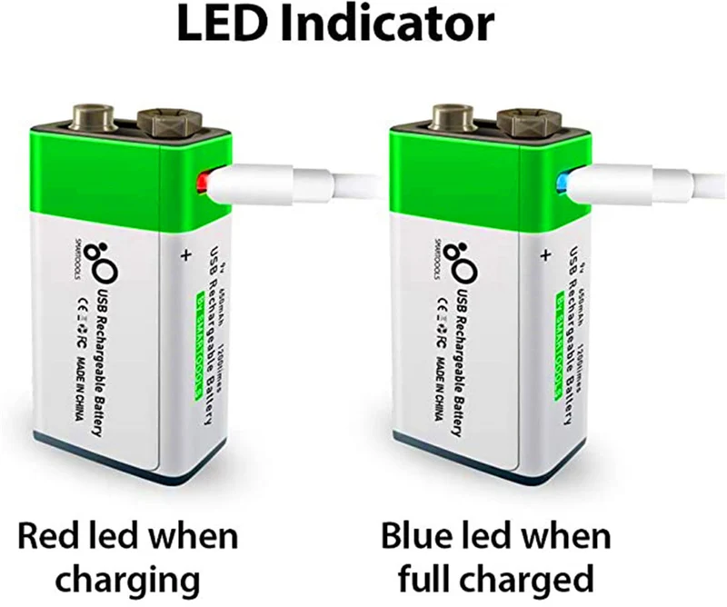 2 pieces of rechargeable USB 9 V lithium-ion battery, high capacity, 650 mAh, rechargeable 9 V battery, 1.5 H fast charge