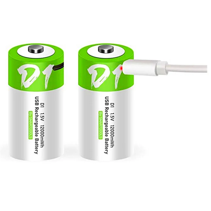 2 pieces of rechargeable USB-D lithium-ion battery, 1.5 V, 12000 mWh, rechargeable D-battery, 4 hours quick charge, more constant