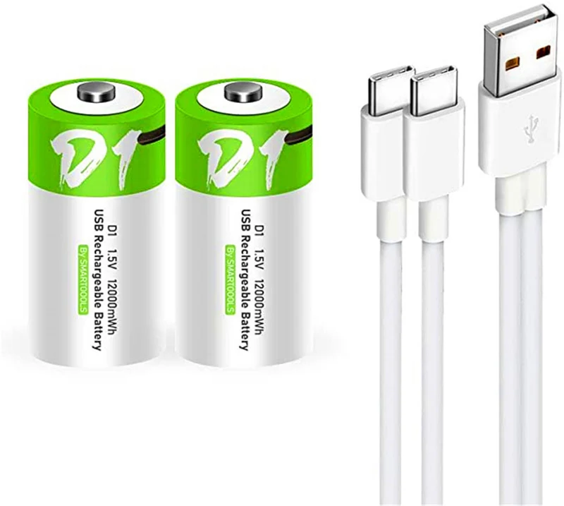 2 pieces of rechargeable USB-D lithium-ion battery, 1.5 V, 12000 mWh, rechargeable D-battery, 4 hours quick charge, more constant