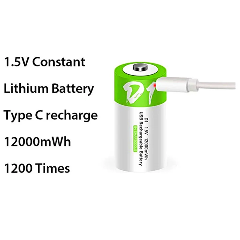 2 pieces of rechargeable USB-D lithium-ion battery, 1.5 V, 12000 mWh, rechargeable D-battery, 4 hours quick charge, more constant