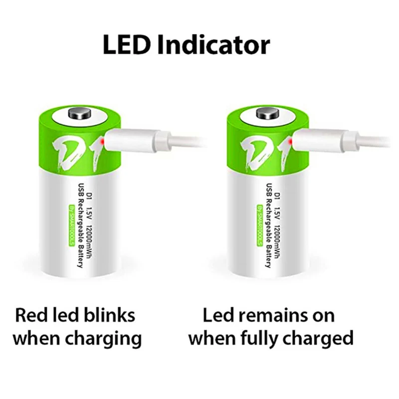 2 pieces of rechargeable USB-D lithium-ion battery, 1.5 V, 12000 mWh, rechargeable D-battery, 4 hours quick charge, more constant