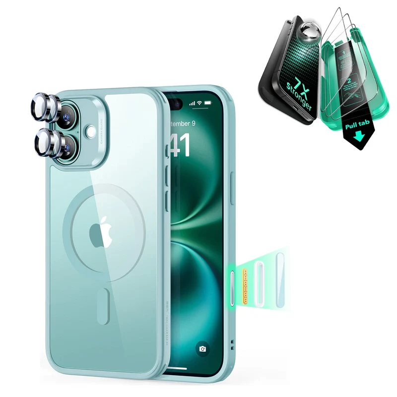 iPhone 16 Classic Hybrid Magnetic Case (Camera Control) & Screen Protection Bundle - Clear Green