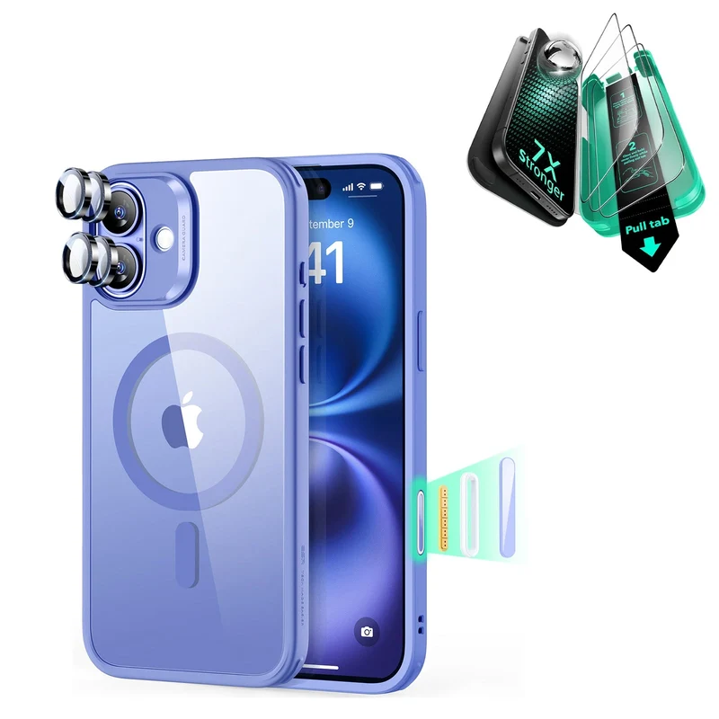 iPhone 16 Plus Classic Hybrid Magnetic Case (Camera Control) & Screen Protection Bundle - Clear Blue