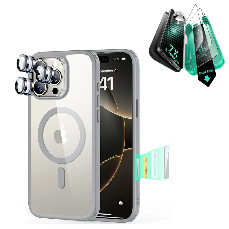 iPhone 16 Pro Classic Hybrid Magnetic Case (Camera Control) & Screen Protection Bundle - Clear Grey