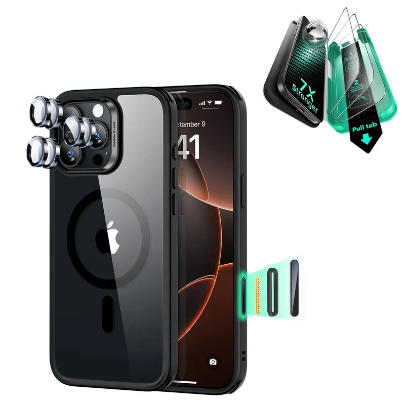 iPhone 16 Pro Max Classic Hybrid Magnetic Case (Camera Control) & Screen Protection Bundle - Clear Black