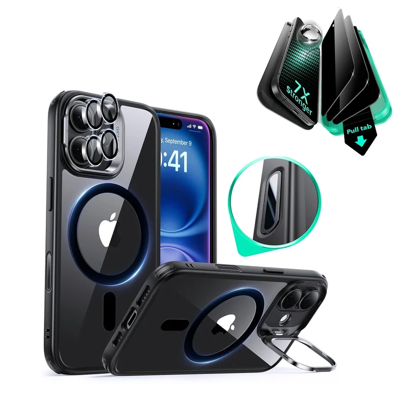iPhone 16 Classic Hybrid Magnetic Case (Camera Control, Stash Stand) & Privacy Screen Protector Bundle - Clear Black
