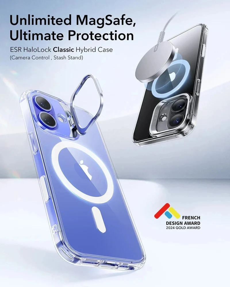 iPhone 16 Classic Hybrid Magnetic Case (Camera Control, Stash Stand) - Clear Black
