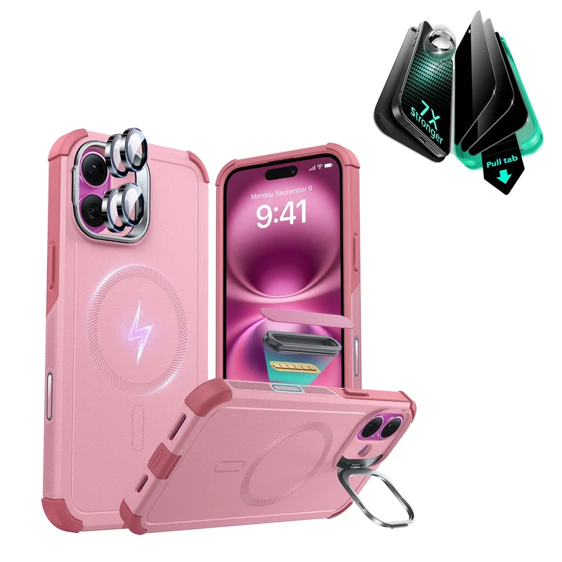 iPhone 16 Plus Cyber Tough Magnetic Case Privacy Protection Bundle (Camera Control, Stash Stand) - Pink