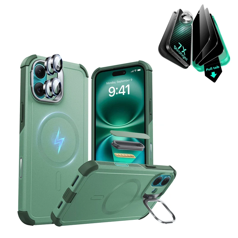 iPhone 16 Plus Cyber Tough Magnetic Case Privacy Protection Bundle (Camera Control, Stash Stand) - Light Green