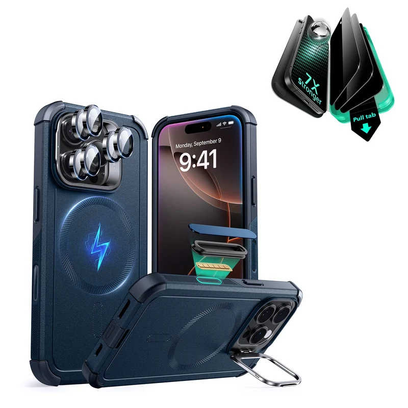 iPhone 16 Pro Cyber Tough Magnetic Case Privacy Protection Bundle (Camera Control, Stash Stand) - Navy Blue
