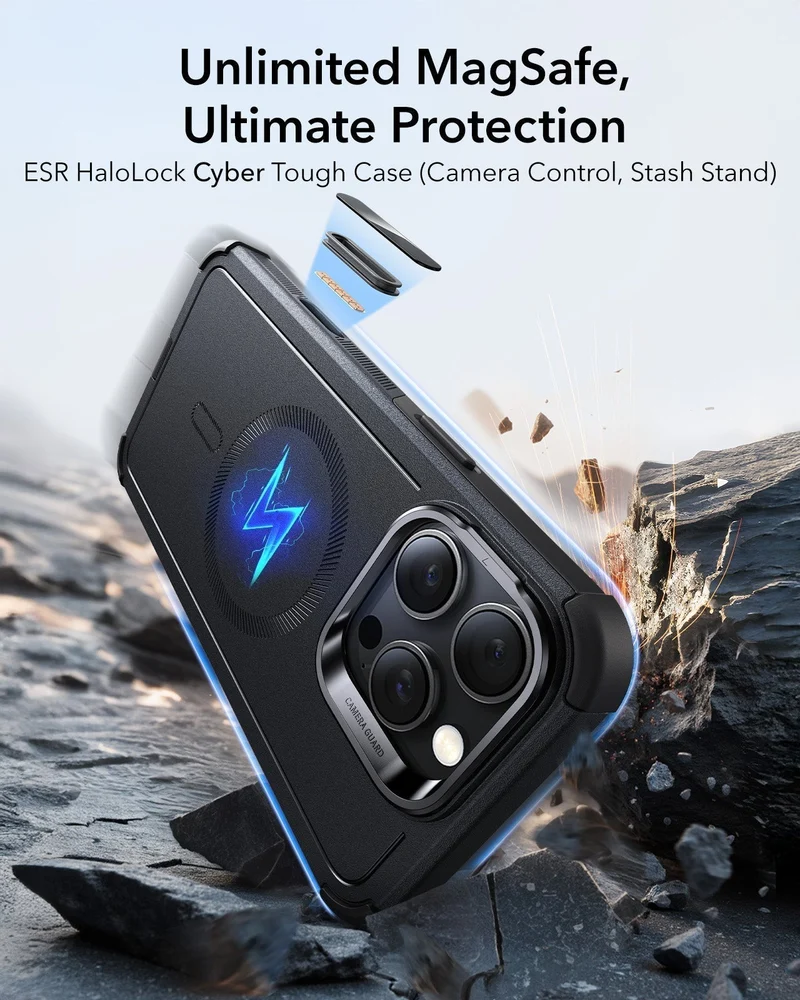 iPhone 16 Pro Cyber Tough Magnetic Case Privacy Protection Bundle (Camera Control, Stash Stand) - Desert Titanium