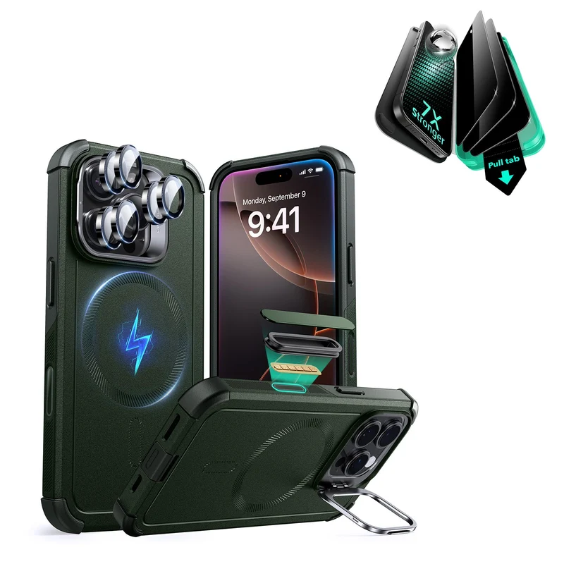iPhone 16 Pro Cyber Tough Magnetic Case Privacy Protection Bundle (Camera Control, Stash Stand) - Army Green
