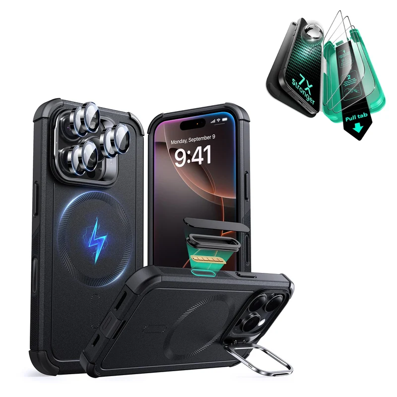 iPhone 16 Pro Max Cyber Tough Magnetic Case Protection Bundle (Camera Control, Stash Stand) - Black