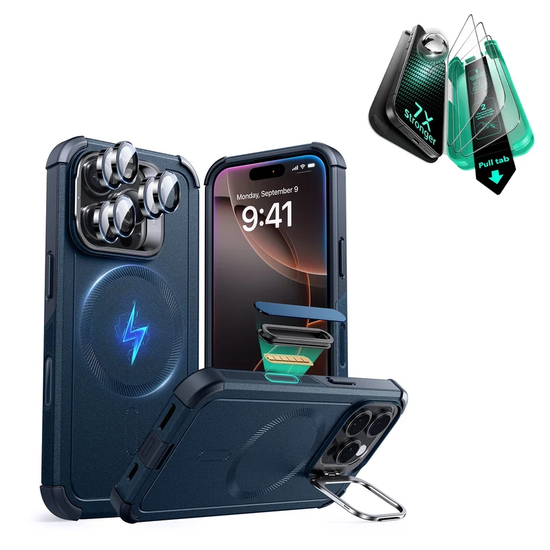 iPhone 16 Pro Cyber Tough Magnetic Case Protection Bundle (Camera Control, Stash Stand) - Navy Blue