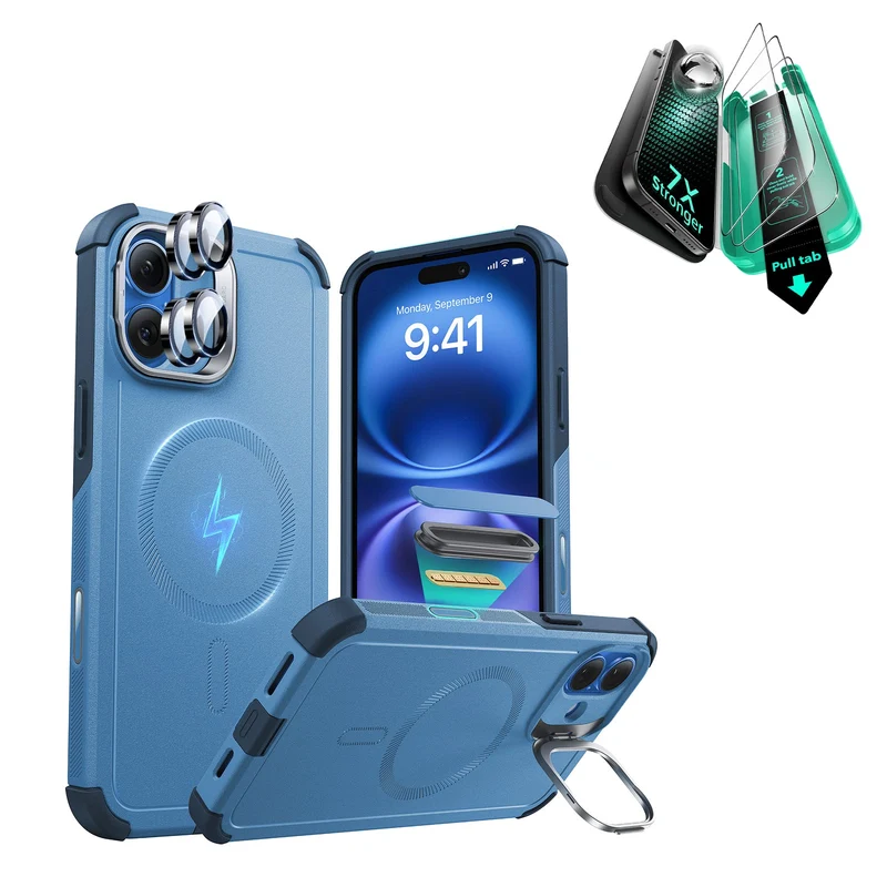 iPhone 16 Plus Cyber Tough Magnetic Case Protection Bundle (Camera Control, Stash Stand) - Light Blue