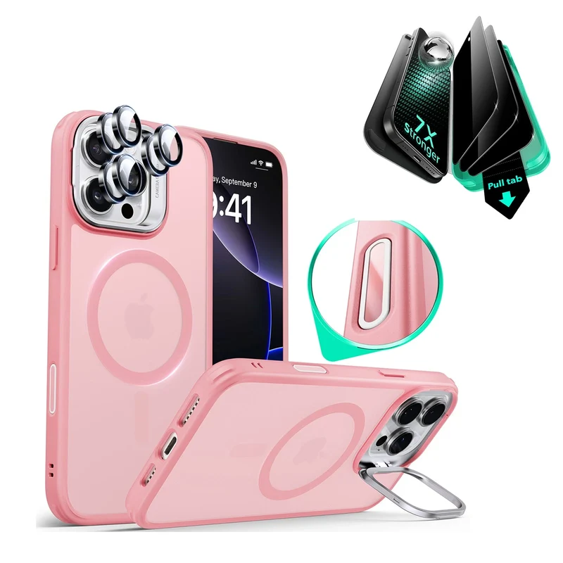 iPhone 16 Pro Classic Hybrid Magnetic Case (Camera Control, Stash Stand) & Privacy Screen Protector Bundle - Frosted Pink