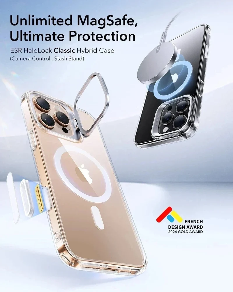 iPhone 16 Pro Classic Hybrid Magnetic Case (Camera Control, Stash Stand) & Privacy Screen Protector Bundle - Clear