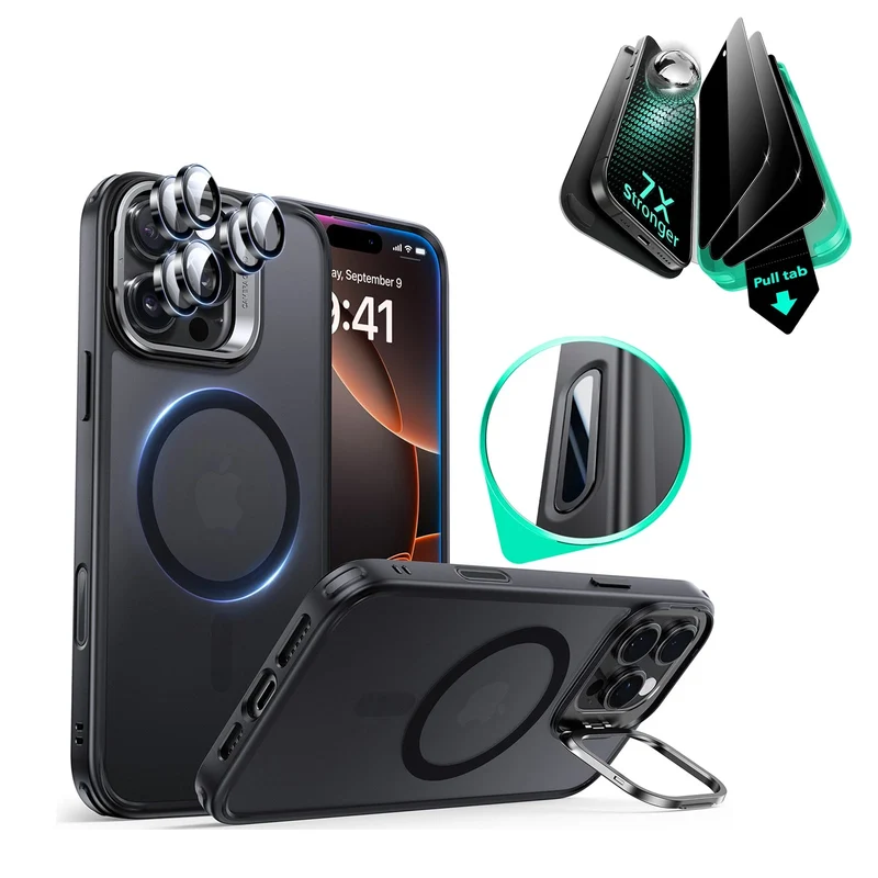 iPhone 16 Pro Classic Hybrid Magnetic Case (Camera Control, Stash Stand) & Privacy Screen Protector Bundle - Frosted Black