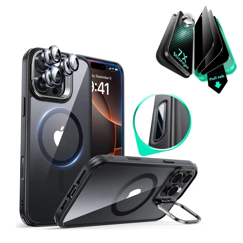 iPhone 16 Pro Classic Hybrid Magnetic Case (Camera Control, Stash Stand) & Privacy Screen Protector Bundle - Clear Black