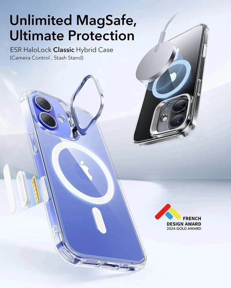 iPhone 16 Plus Classic Hybrid Magnetic Case (Camera Control, Stash Stand) & Privacy Screen Protector Bundle - Clear Blue