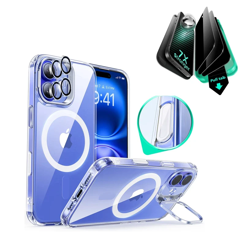 iPhone 16 Plus Classic Hybrid Magnetic Case (Camera Control, Stash Stand) & Privacy Screen Protector Bundle - Clear