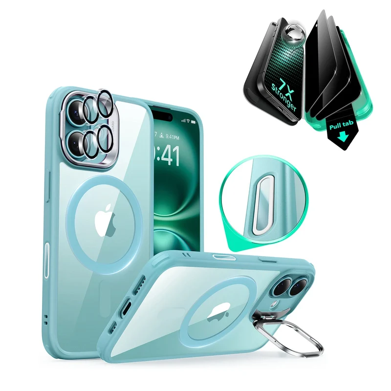 iPhone 16 Classic Hybrid Magnetic Case (Camera Control, Stash Stand) & Privacy Screen Protector Bundle - Clear Green