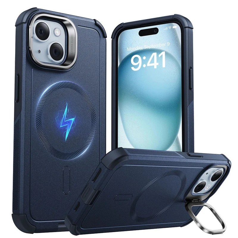 iPhone 15 Cyber Tough Magnetic Case with Stash Stand - Dark Blue