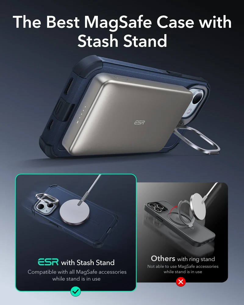 iPhone 15 Cyber Tough Magnetic Case with Stash Stand - Dark Blue