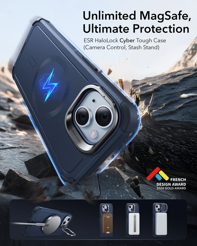 iPhone 15 Cyber Tough Magnetic Case with Stash Stand - Dark Blue